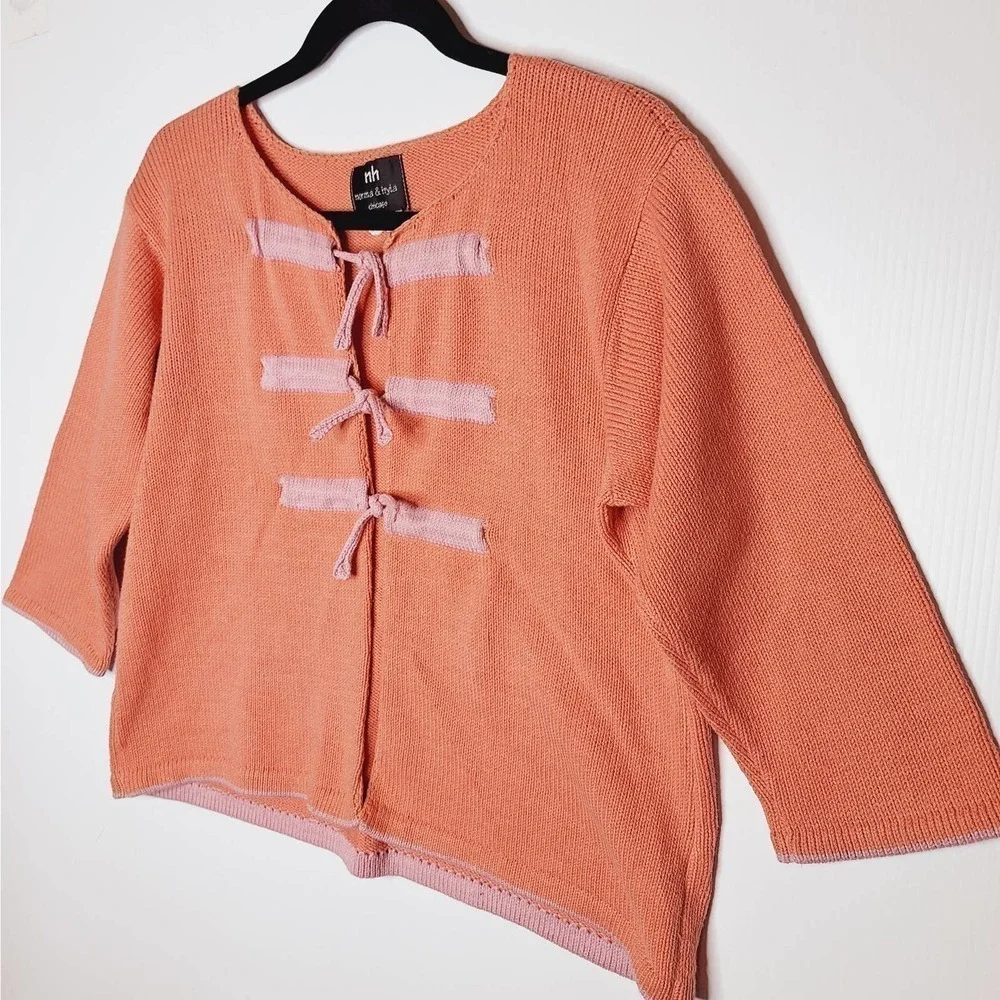 norma & hyla Hand Loomed Knit Tie Front Cardigan Medium Boxy Peach Pink Cotton